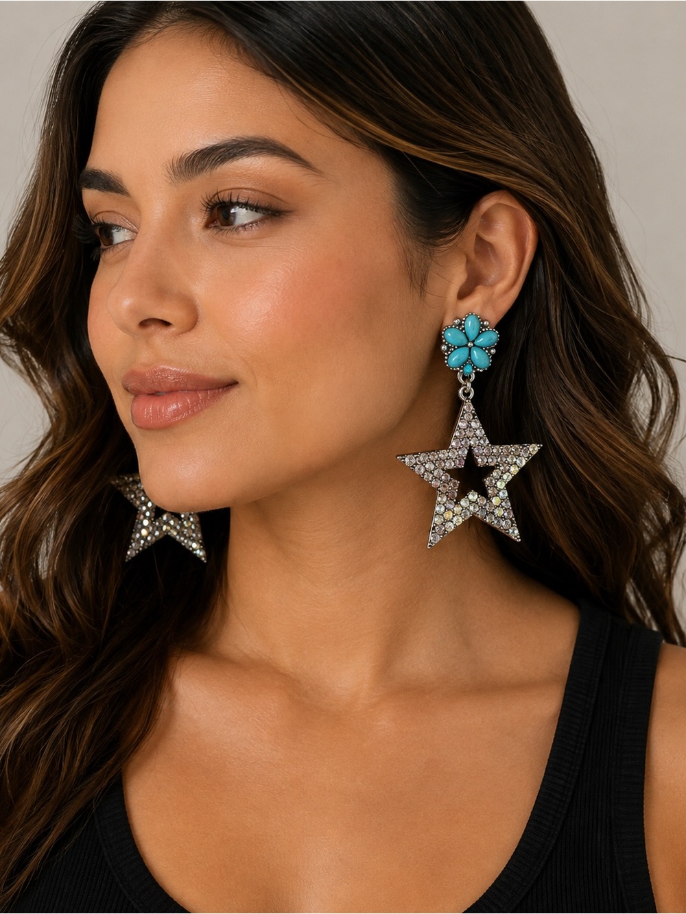 Wildflowers Silver Star Earrings with Blue Floral Accents